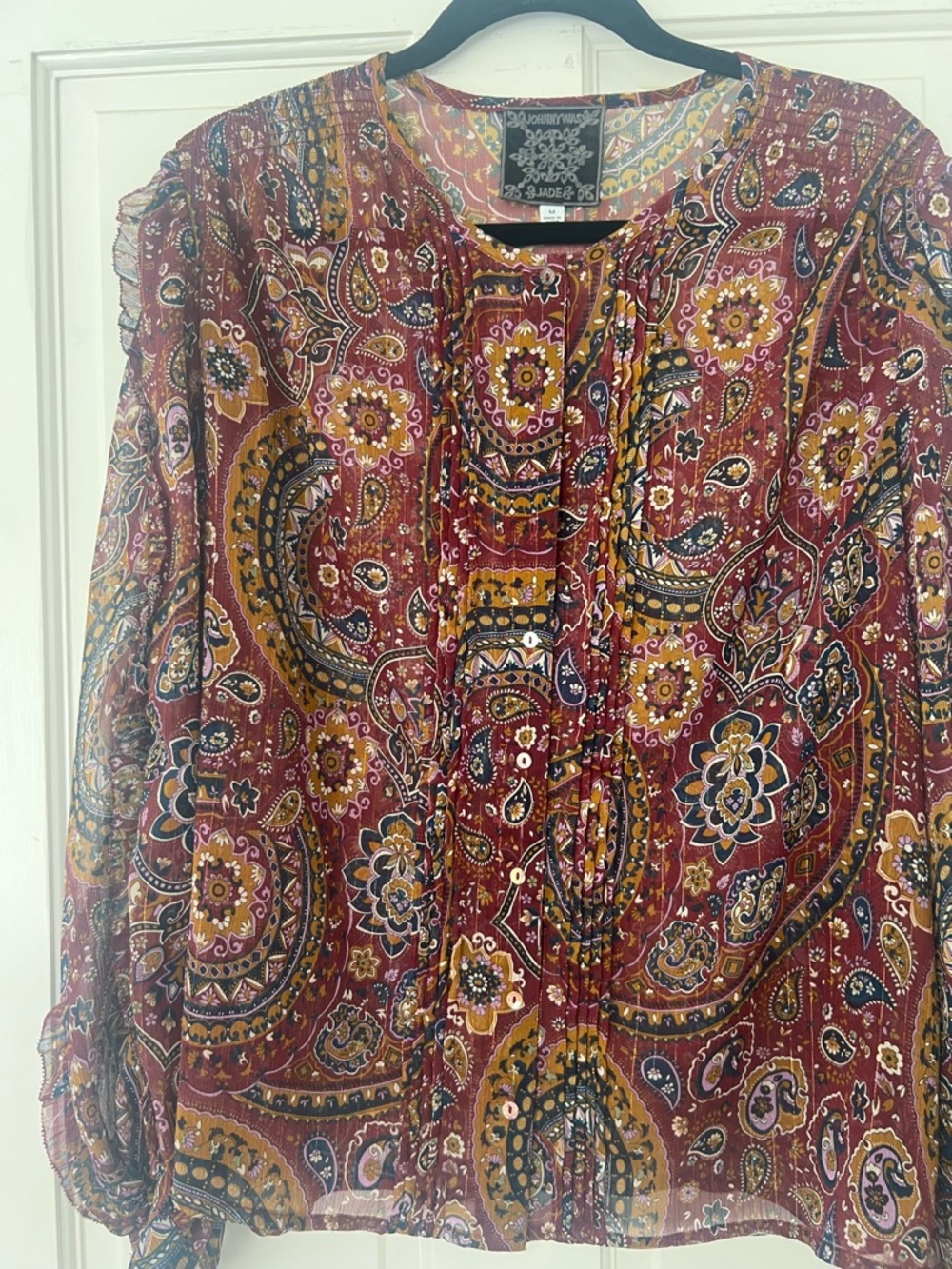 Johnny Was Printed Paisley Blouse in Maroon, Mustard & Navy w Metallic Threads
